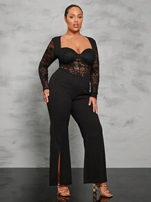 SHEIN BAE Hơn Ren tương phản Cổ Trái tim Chân bùng Áo liền quần - màu đen - Xem 5