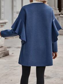 SHEIN Clasi Ruffle Trim Open Front Tweed Overcoat - Navy Blue - View 2