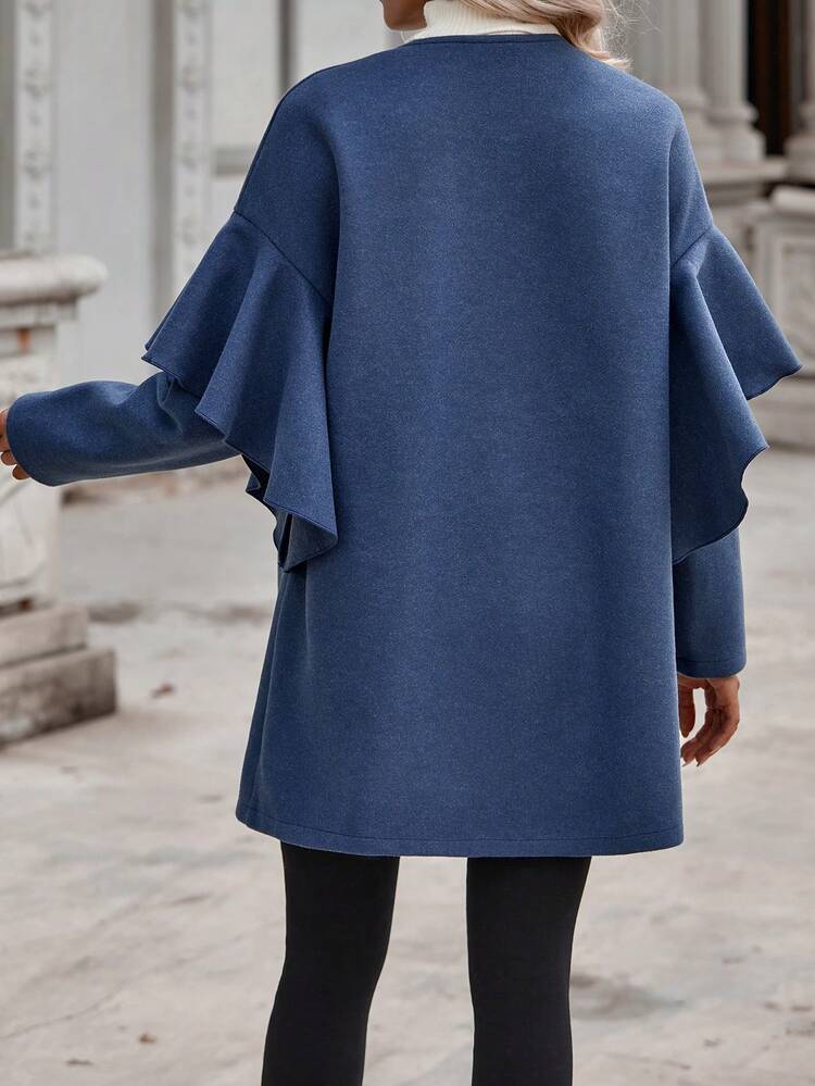 SHEIN Clasi Ruffle Trim Open Front Tweed Overcoat - Navy Blue - View 2