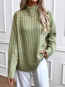 SHEIN Essnce 小高領落肩袖麻花編織套頭毛衣 - 橄欖綠 - 查看 4