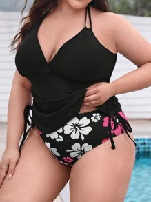 SHEIN Swim Lushore 夏季沙灘大花印花繩帶側領連體泳裝 - 黑與白 - 查看 4