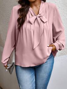 SHEIN Privé Plus Tie Neck Lantern Sleeve Blouse - Dusty Pink - View 4