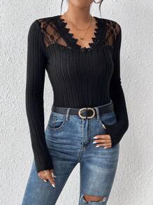 SHEIN Frenchy Contrast Lace V Neck Tee - Black - View 3