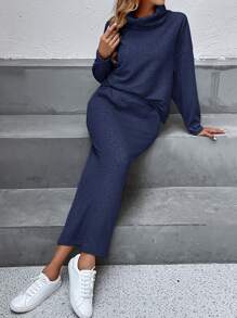 SHEIN LUNE 高領落肩T恤&斜口袋半身裙 - 藏蓝色 - 查看 5