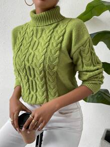 SHEIN Essnce 高領麻花編織落肩袖套頭毛衣 - 綠色 - 查看 6