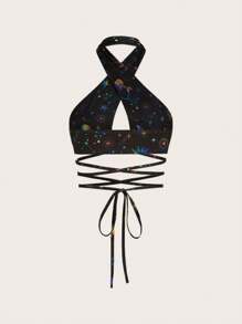 SHEIN ICON 星空圖案十字交叉後背繫帶掛脖上衣 - 橘色 - 查看 2