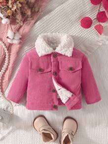 SHEIN Baby Girl Flap Detail Thermal Lined Corduroy Coat - Hot Pink - View 7