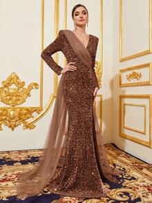Faeriesty Women's Elegant V-Neck Long Sleeve Evening Gown With Thigh-High Slit & Flared Mermaid Hemline – Luxe Formal Dress For Red Carpet Galas, Black-Tie Charity Balls, Opera Premiere Nights, Wedding Reception Dinners, And Award Ceremony Events - Coffee Brown - View 4