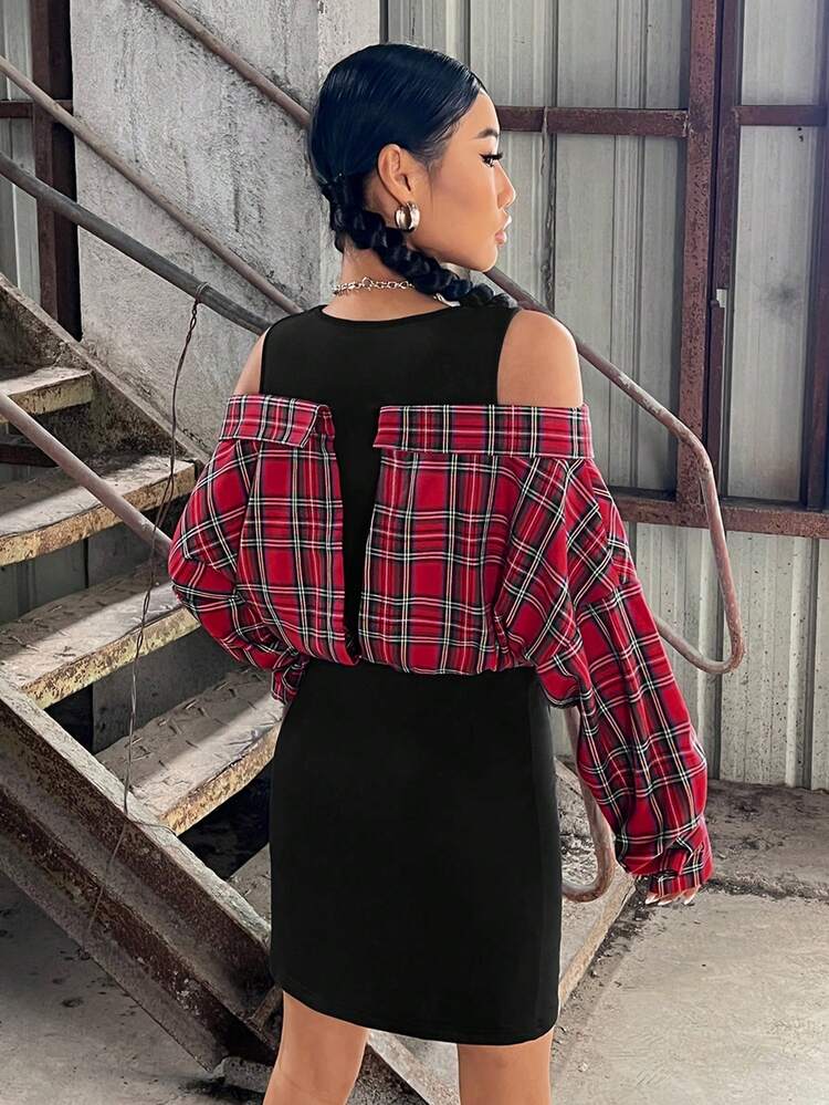 Tartan Print Cold Shoulder 2 In 1 Dress
