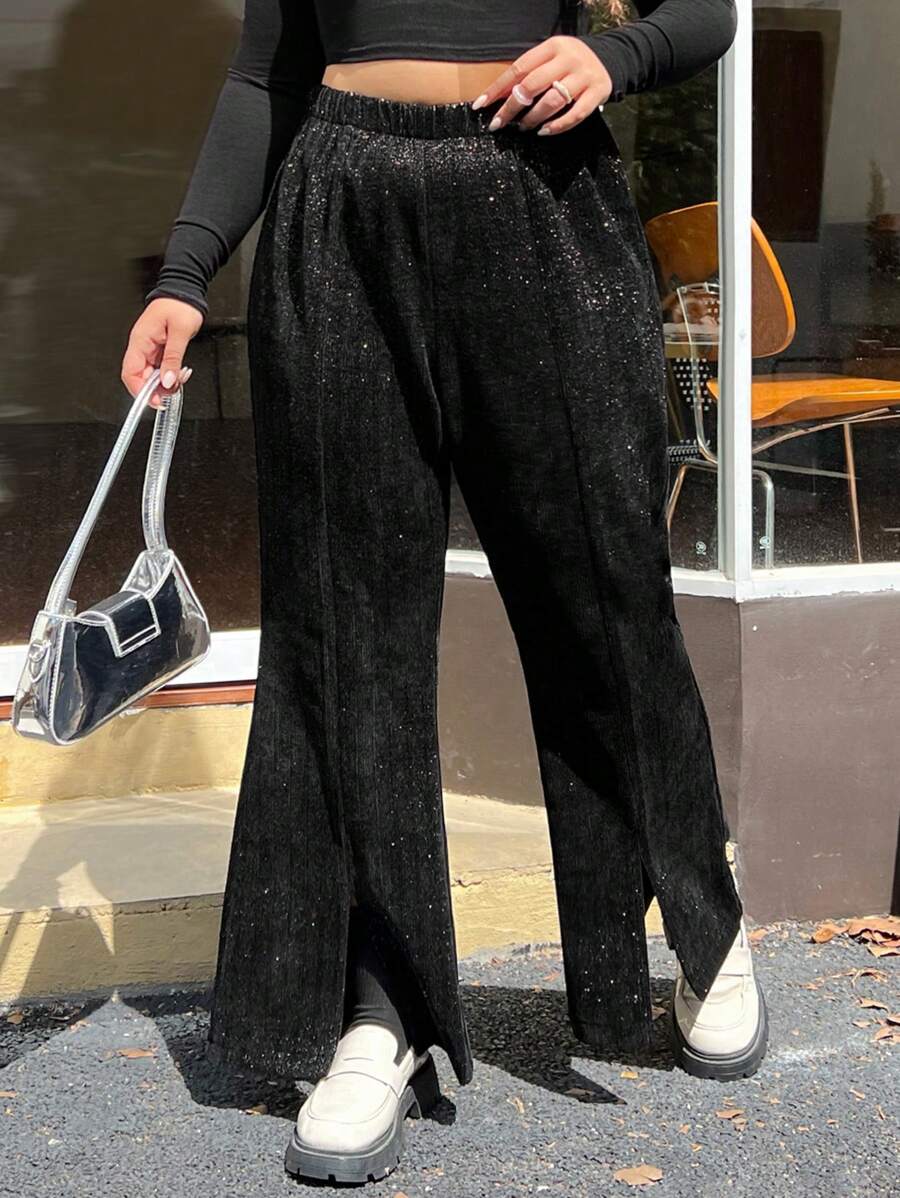 SHEIN EZwear 側邊劈叉加大喇叭褲 - 黑色 - 查看 1
