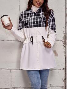 SHEIN LUNE 拼接格紋印花腰部抽繩落肩袖外套 - 黑與白 - 查看 6