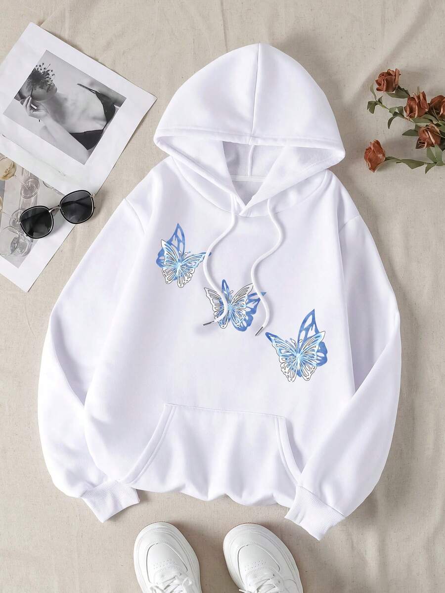 女士休闲连帽衫，学院风蝴蝶印花，秋冬季保暖运动风 - 白色 - 查看 1