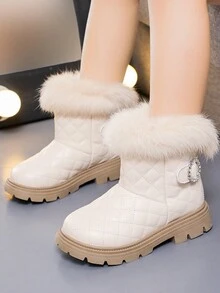 孩子們的冬天時尚絲絨一腳蹬短靴適合女孩,濃烈香調休閒毛茸茸平底靴,素色,多用途雪地靴,水鑽皮革靴子 - 米色 - 查看 2