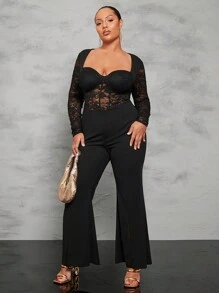SHEIN BAE Hơn Ren tương phản Cổ Trái tim Chân bùng Áo liền quần - màu đen - Xem 1