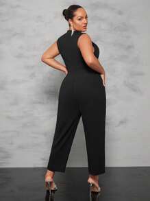 SHEIN BAE Plus Shawl Collar Belted Jumpsuit - Black - View 2