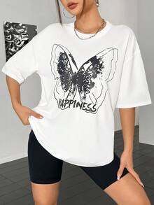 SHEIN Unity Camiseta de hombros caídos con estampado de mariposa y letra - Blanco - Ver 4