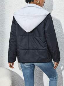 SHEIN Unity 双色拉链连帽棉服外套冬季 - 黑色 - 查看 2