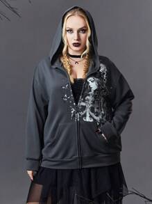 ROMWE Goth Plus Size Figure Graphic Zip Up Drop Shoulder Sweatshirt - Dark Grey - View 5
