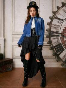 ROMWE PUNK Zip Up Crop Denim Jacket - Khaki - View 2