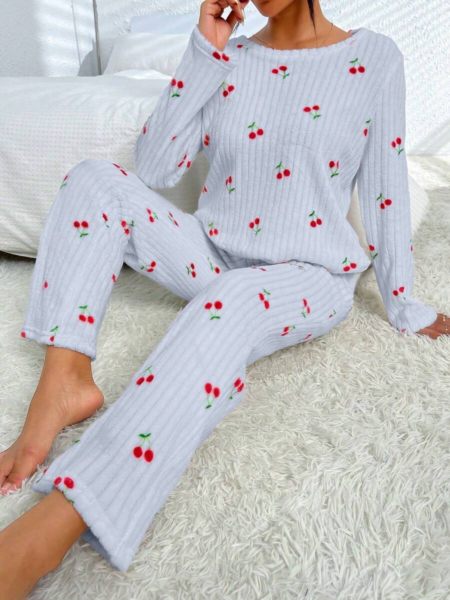 Của phụ nữ Quả cherry In Bộ mặc nhà Có Áo Và Quần - Màu xanh lam - Xem 1