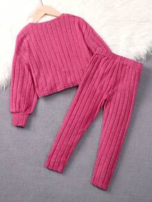 Tween Girls' Cool Grey Floral Velvet Knit Solid Color Round Neck Long Sleeve Outfit Set - Hot Pink - View 2