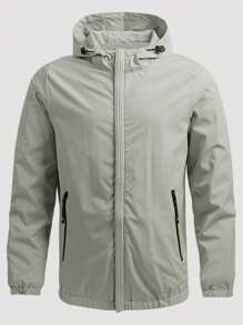 男士拉鏈開襟抽繩連帽夾克 - 淺灰色 - 查看 1