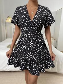 SHEIN LUNE Dalmatian Print Flounce Sleeve Ruffle Trim Wrap Knot Side A Line Dress - Black - View 1