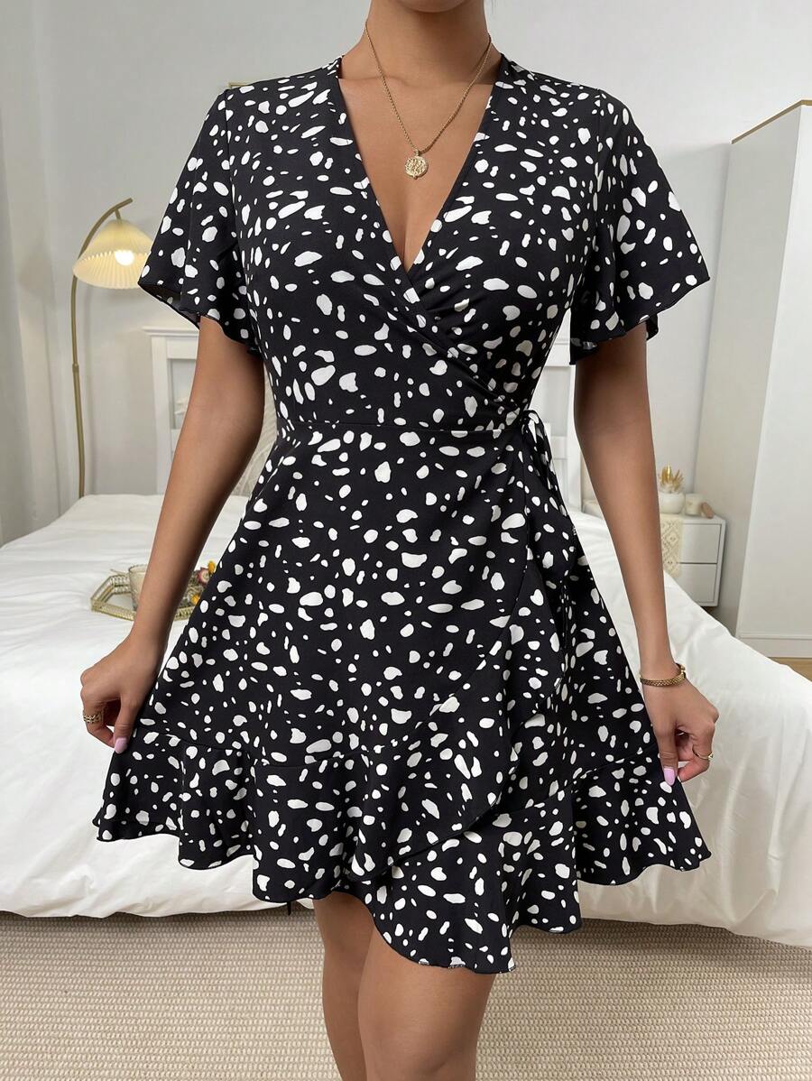 SHEIN LUNE Dalmatian Print Flounce Sleeve Ruffle Trim Wrap Knot Side A Line Dress - Black - View 1