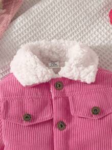 SHEIN Baby Girl Flap Detail Thermal Lined Corduroy Coat - Hot Pink - View 3