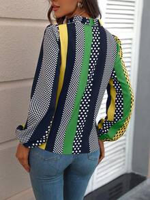 SHEIN Clasi In vết tròn Polka Đường viền cổ có rãnh Tay áo lồng đèn Áo sơ mi - màu xanh lá - Xem 2