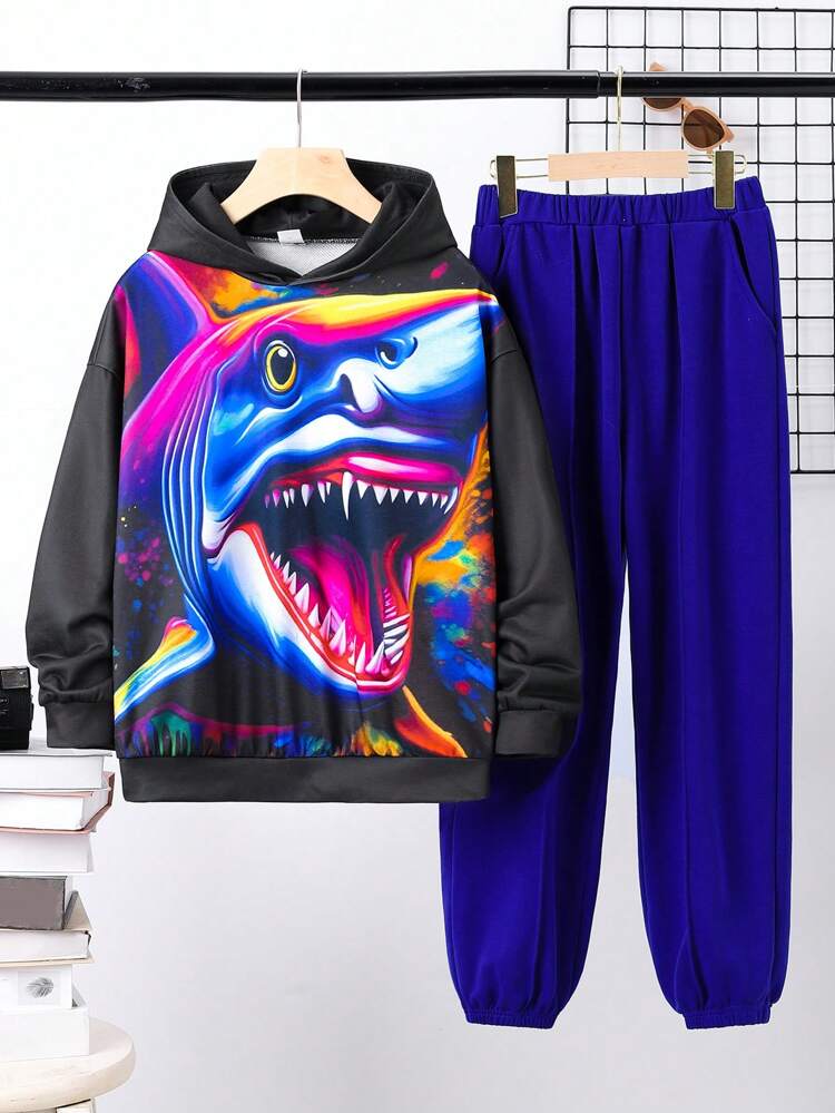 Tween Boys' Casual Shark Printed Hoodie And Solid Color Sweatpants Knitted Two Piece Set