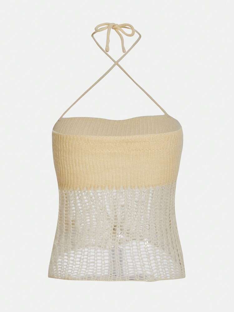 Solid Halter Neck Pointelle Knit Top
