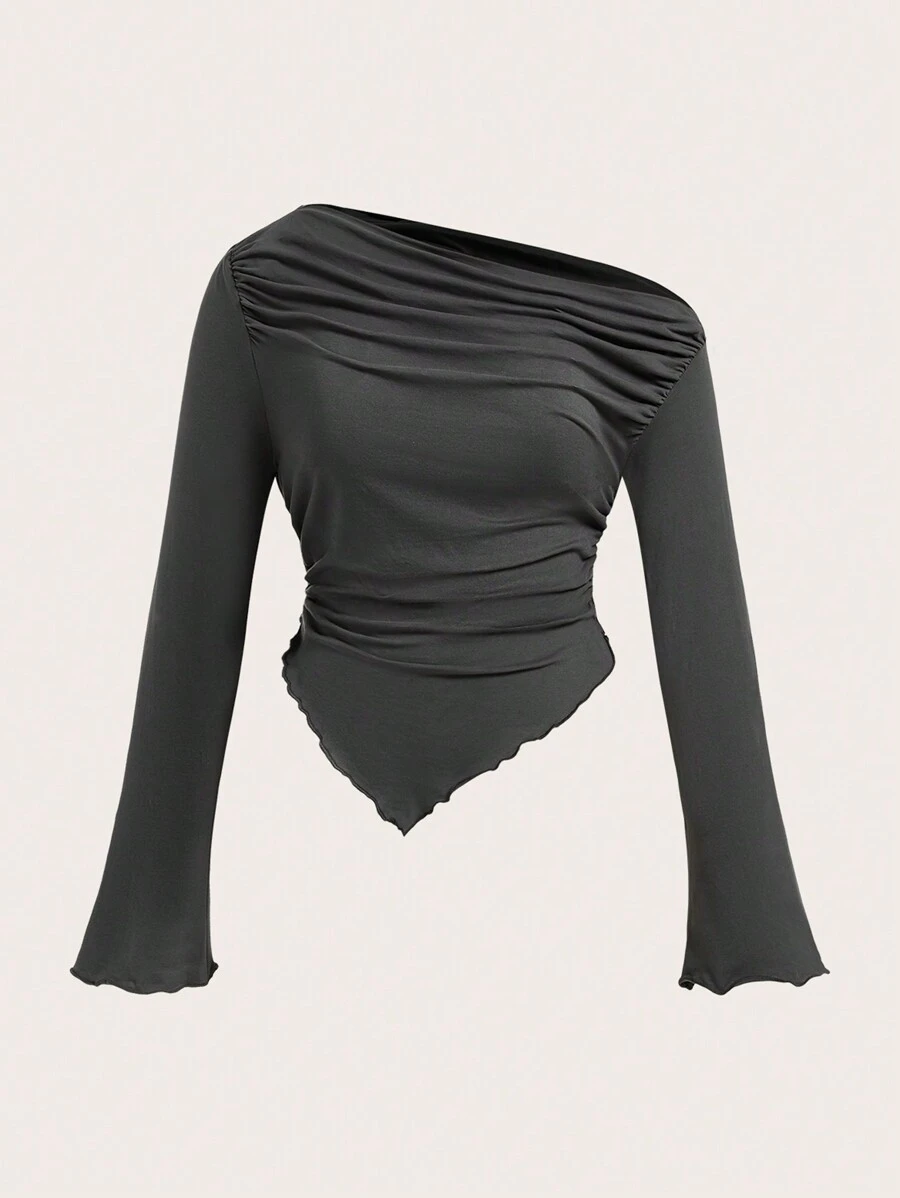 SHEIN ICON 大碼不對稱領木耳邊褶邊T恤 - 深灰色 - 查看 1