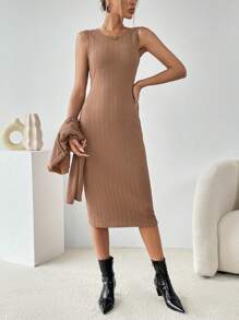 SHEIN Essnce Solid Button Front Jacket & Bodycon Dress - Apricot - View 3