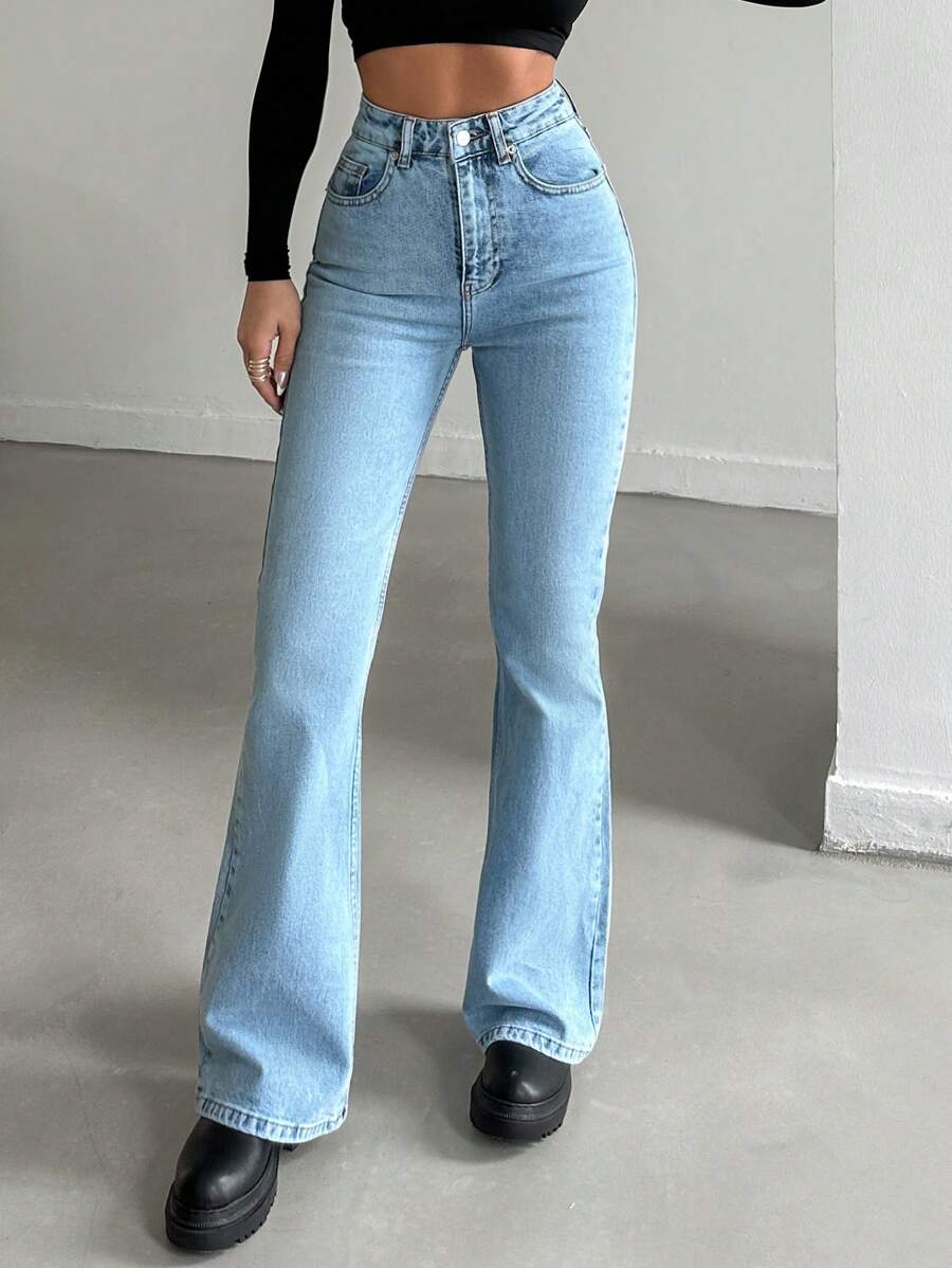 Zip Front Flare Leg Jeans - Medium Wash - View 1