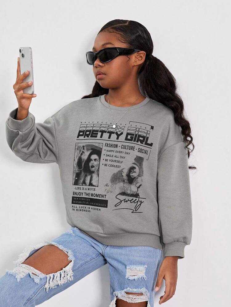 Tween Girl Figure & Slogan Graphic Drop Shoulder Pullover
