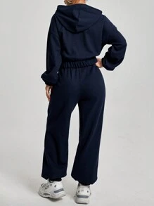 SHEIN Cottnline 2 Pieces Solid Color Drawstring Hooded Sweatshirt And Sweatpants Set - Navy Blue - View 2