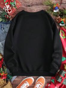SHEIN EZwear In Giáng sinh Thả vai Áo nỉ - màu đen - Xem 2
