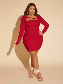 SHEIN SXY 大码女式不对称领口紧身连衣裙 - 紅色 - 查看 5