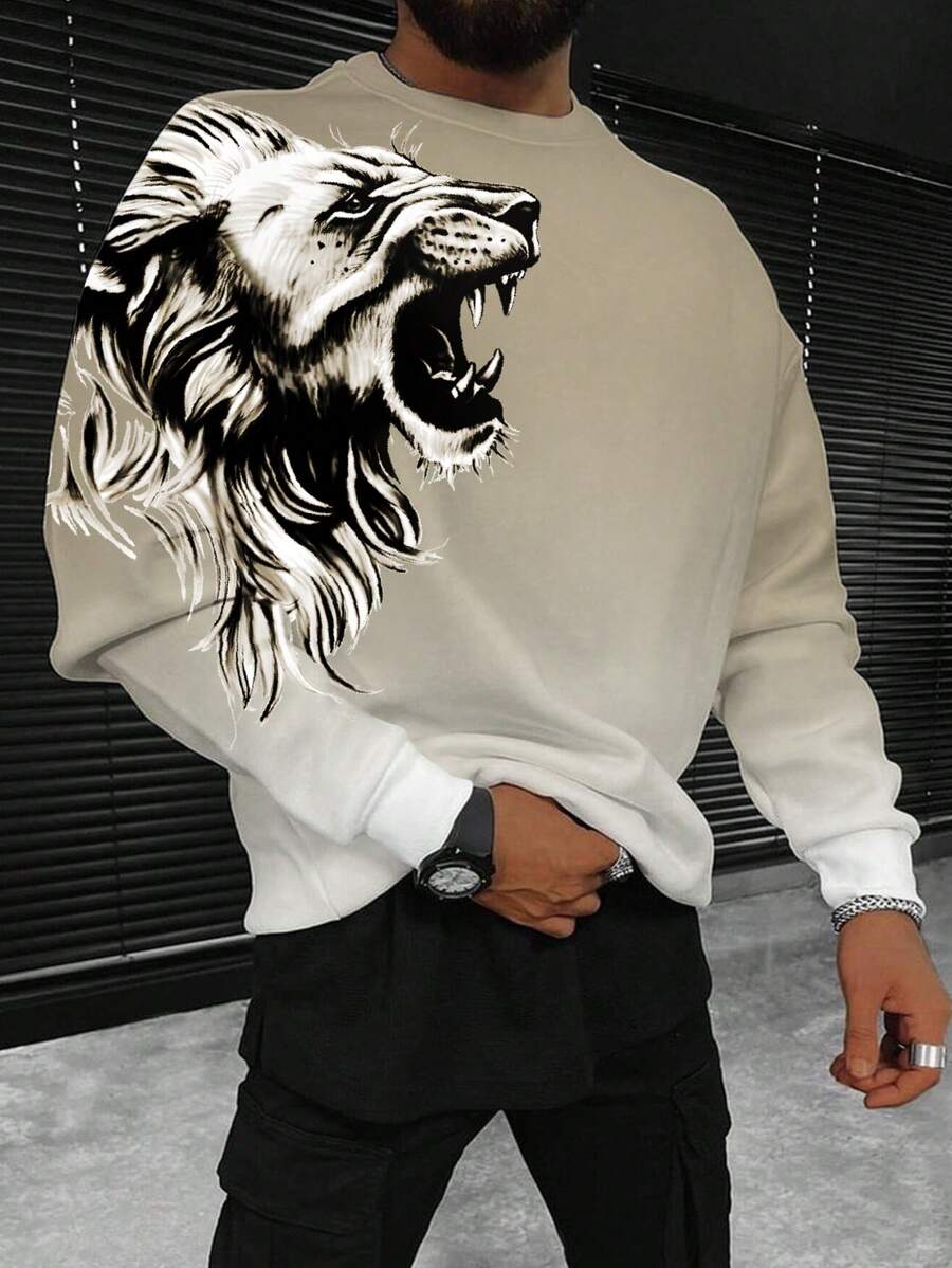 Manfinity LEGND 男士大码獅子圖案落肩袖運動衫 - 杏色 - 查看 1