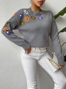 SHEIN Essnce Thêu hoa Thả vai Áo len - Xám - Xem 5