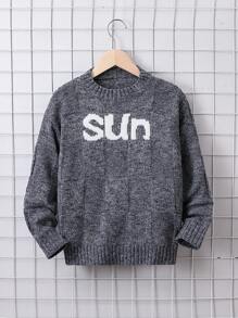 SHEIN Tween Boy Letter Pattern Marled Knit Sweater - Dark Grey - View 1