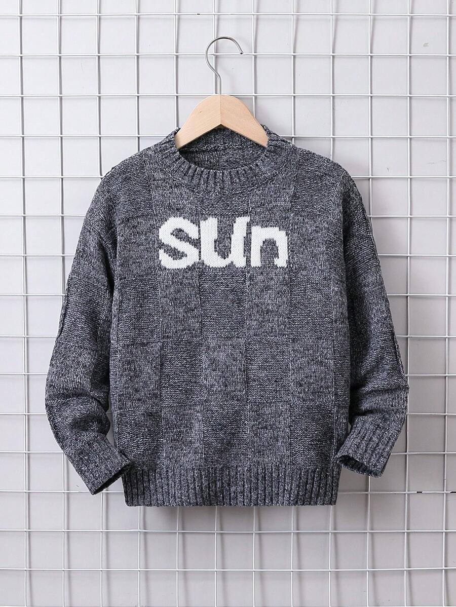 SHEIN Tween Boy Letter Pattern Marled Knit Sweater - Dark Grey - View 1