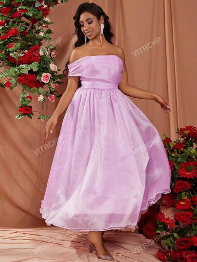 薄紫色オフショルダーカラードレス チュールドレス オフショルダー パープル カラードレス 二次会 前撮り