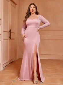SHEIN Belle Plus Size Lace Patchwork Backless High Slit Mermaid Bridesmaid Dress - Dusty Pink - View 3