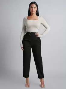 SHEIN PETITE High Waist Pleated Detail Casual Belted Black Pants - Black - View 4