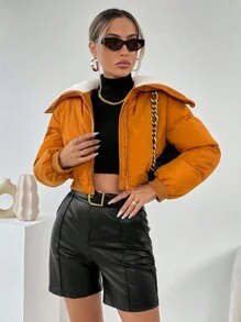 SHEIN Essnce Áo khoác đệm ngắn có khóa kéo Borg Collar - màu nâu - Xem 3