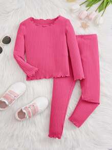 Chica Joven Conjunto de pijama ribete en forma de lechuga tejido de canalé - Rosa Fucsia - Ver 1