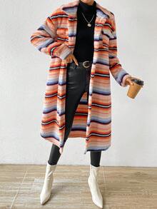 Chiquease Striped Print Drop Shoulder Flap Pocket Coat - Multicolor - View 3