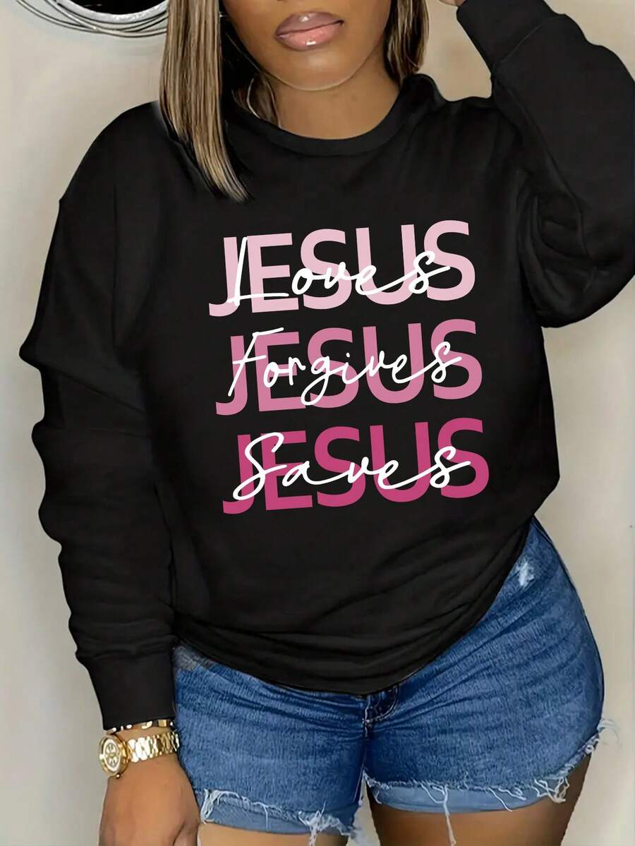 INAWLY Đồ họa Khẩu hiệu Thả vai Áo nỉ - màu đen - Xem 1